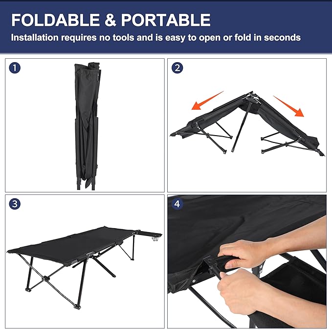 YSSOA Folding Camping Cot with Table for Adults, Portable and Lightweight Sleeping Bed for Outdoor Traveling, Hiking, Easy to Set up, Black