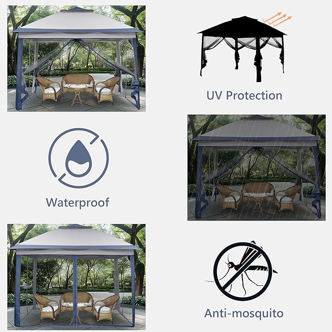 Saemoza 11x11 Pop Up Camping Shelters Tent, Outdoor Tent with Netting, Outdoor Shelters for Backyard, Screen House with Wheeled Cover Bag, Blue.