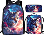 Wolf Backpack for School Space Galaxy Bookbag and Lunch Box Set for Boys Cool Lightweight School Bags for Boys 6-8 Ages Insulated Lunch Bags 3 in 1 Back to School Gifts