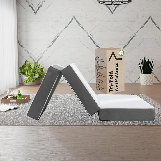 Treaton, 4-Inch Tri-Folding Gel Memory Foam Portable Floor Mattress | Breathable Mesh, Ultra Soft, Cot Pad, Removable and Washable Cover, Comfortable Support, Therapeutic Qualities, 31-Inch, White