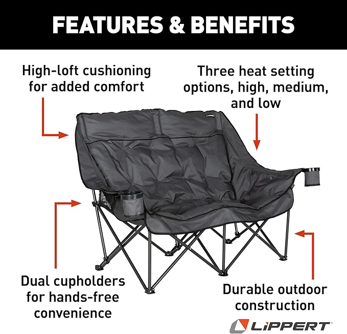 Lippert Big Bear Dark Grey Heated Folding Camping Loveseat with Power Banks, Four Heat Zones, 600-lb. Weight Capacity, 600D Polyester Fabric, High-Loft Cushioning, Zippered Carrying Bag - 2024043335
