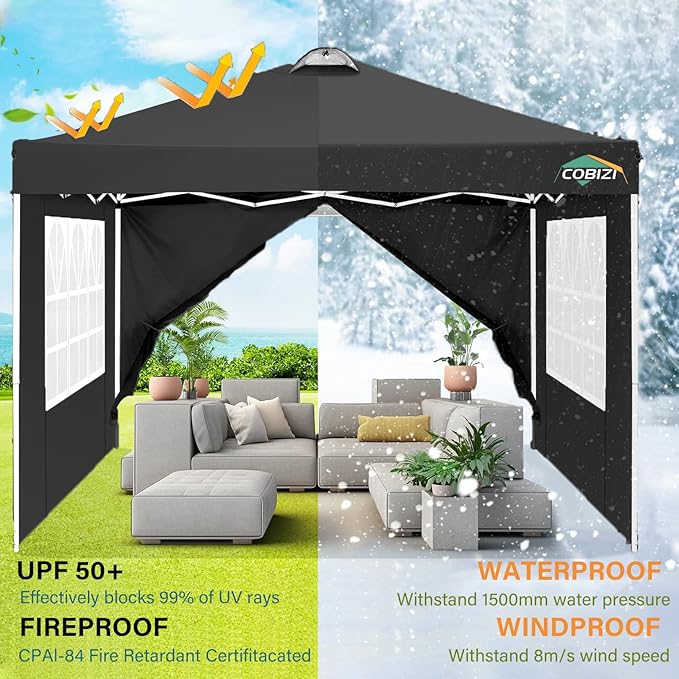COBlZI 10x10 Pop Up Canopy Tent with 4 Removable Sidewalls, Waterproof Commercial Easy Adjustable Gazebo Tent with Air Vent, 4 Sandbags, 4 Stakes & 8 Ropes（Outdoor Tents for Parties/Exhibition,Black