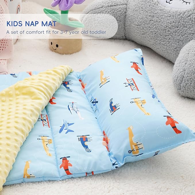 Bunnikins & Clover Toddler Nap Mat with Removable Pillow, Nap Mats for Preschool, Easy Clean Toddler Nap Pad for Kindergarten, Kids Sleeping Bag for Travel Camping