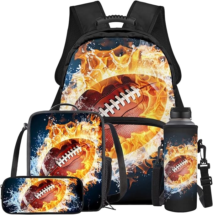 Football Backpack with Lunch Box Fire Bookbag Practical Portable Boys Bookbag Age 6-8 with Lunch Box 4 in 1 School Bag for Boys 7-8 Travel Daypack Outdoor Camping Graduation Gifts