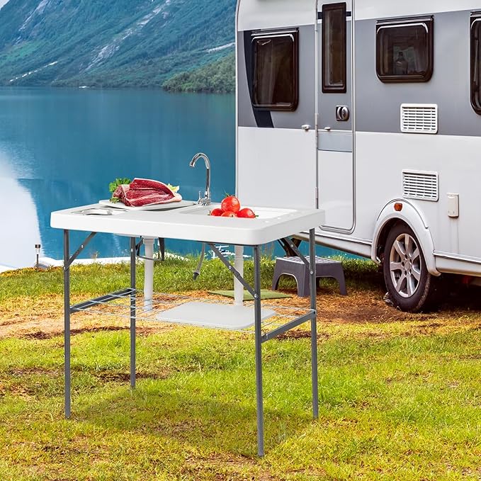 40" Folding Fish Cleaning Camping Table w/Faucet & Sink, Outdoor Portable Fillet Station w/Grid Frame, Knife Groove, Multifunctional Washing Table for Camping or Kitchen, White