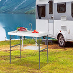 40" Folding Fish Cleaning Camping Table w/Faucet & Sink, Outdoor Portable Fillet Station w/Grid Frame, Knife Groove, Multifunctional Washing Table for Camping or Kitchen, White