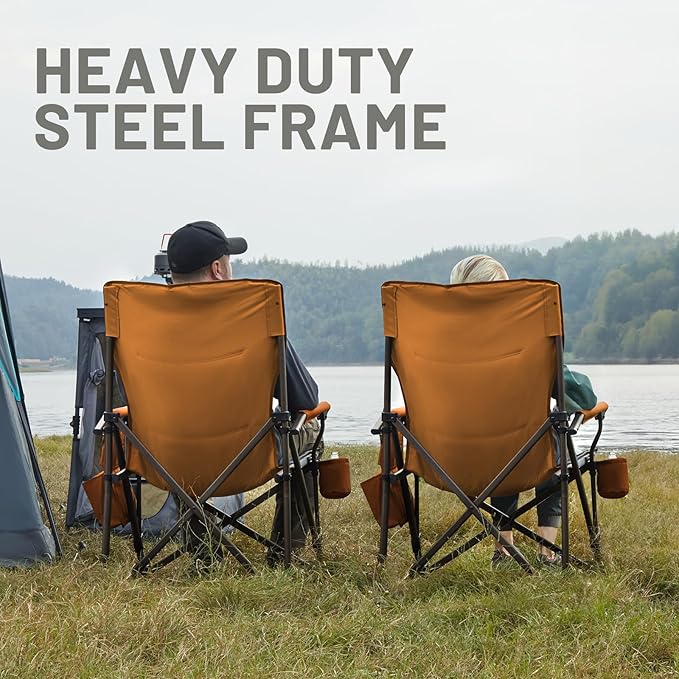 Timber Ridge 500lbs Oversized Folding Camping Chair, Heavy Duty Lawn Chair for Adults, Portable Collapsible High Back Chair with Cup Holder, Side Pocket Cooler Bag, for Outdoor, Sports, Orange