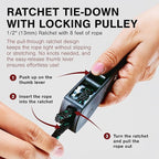 Rope Ratchet 1/2" with Locking Pulley, Adjustable Hanger for Grow Lights, Canopies, Kayaks, Tents, Camping, 8' Braided Polypropylene Rope, 500 lb Capacity, Ideal for Roof Rack, Tarp, Canoe Tie Downs