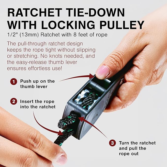 Rope Ratchet 1/2" with Locking Pulley, Adjustable Hanger for Grow Lights, Canopies, Kayaks, Tents, Camping, 8' Braided Polypropylene Rope, 500 lb Capacity, Ideal for Roof Rack, Tarp, Canoe Tie Downs
