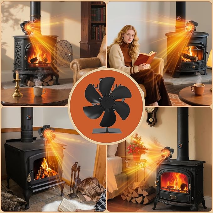 Wood Stove Fan Heat Powered | Non Electric Heat Activated Fan for Wood Burning Stove/Log Burner | Thermoelectric Fireplace Fan| w/Stove Accesories Thermometer