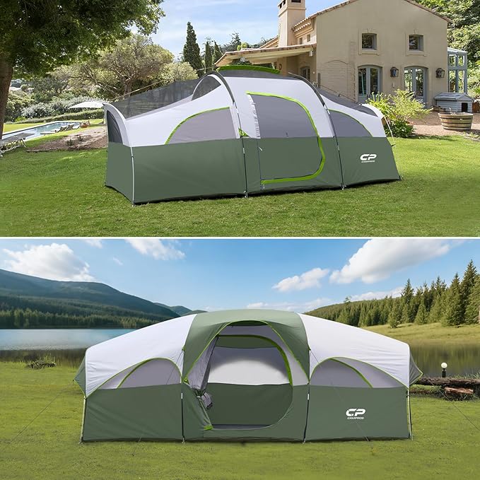 CAMPROS CP Tent 8 Person Camping Tents, Weather Resistant Family Tent, 5 Large Mesh Windows, Double Layer, Divided Curtain for Separated Room, Portable with Carry Bag