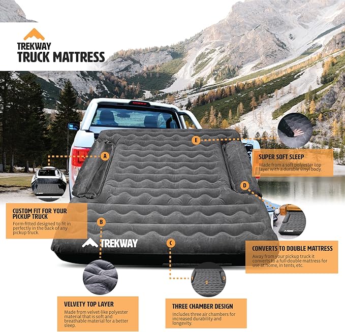 Offroading Gear Inflatable Truck Bed Air Mattress | 6ft to 6.5ft Truck Box | Trekway | Converts to Full Double Size Bed | Durable and Waterproof Compatible with F150, Ram, Supercrew, etc.