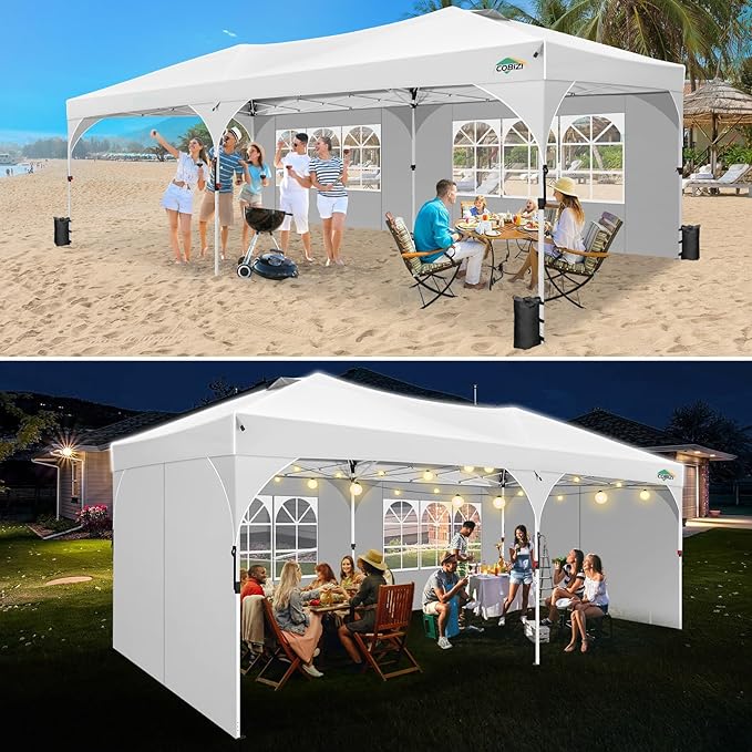 COBIZI 10x20 Pop Up Canopy Tent, Outdoor Party Tent with 4 Sidewalls, 1 Person Easy Set up, Tents for Parties with Fluorescent Strip & 4 Sandbags, Waterproof UPF50+, 3 Adjustable Height, White