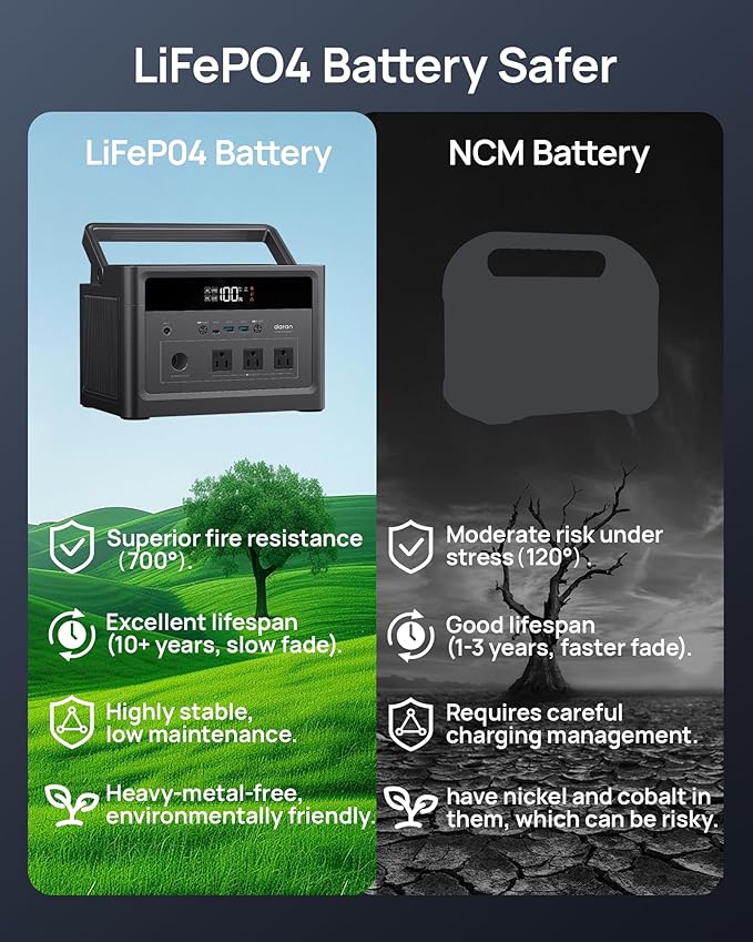 DARAN Portable Power Station 1200W Surge, 576Wh LiFePO4 Battery, 100W USB-C PD Fast Charg, Solar Generator for Home Emergency, Camping, RV Off-Grid Power