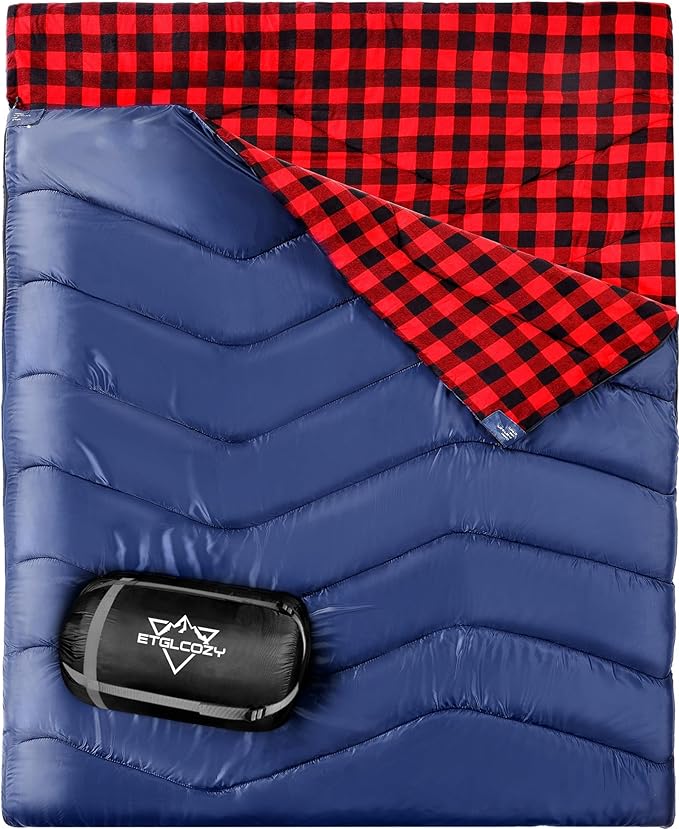 XL Queen Size 2 Person Double Sleeping Bag for Adults, Lightweight Compact with Flannel Liner & Thermolock Draft Tube, Machine Washable All Season Camping Travel