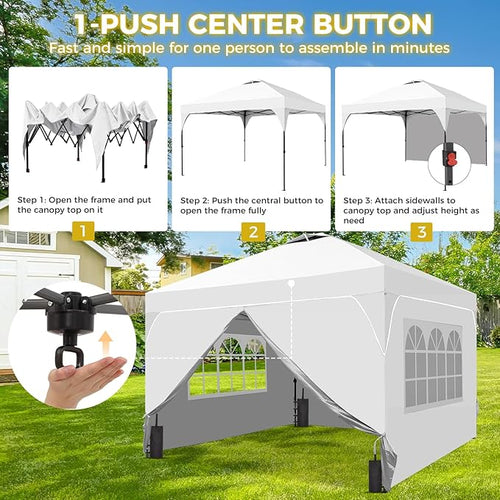 8x8 FT Pop Up Canopy with 1-Button Push, 4 Removable Sidewalls, Sandbags, Instant Canopy Tent for Outdoor Events