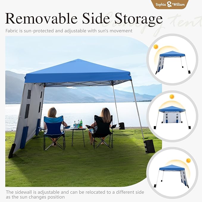 Sophia & William Canopy Tent Pop Up 12x12ft Base/9x9ft Top Easy Set Up Tent Slant Legs, Outdoor Canopies Shelter with 1 Sidewall & 4 Sandbags, 1 Roller Bag & Storage Bag, 8 Stakes & 4 Guy Ropes UPF50+