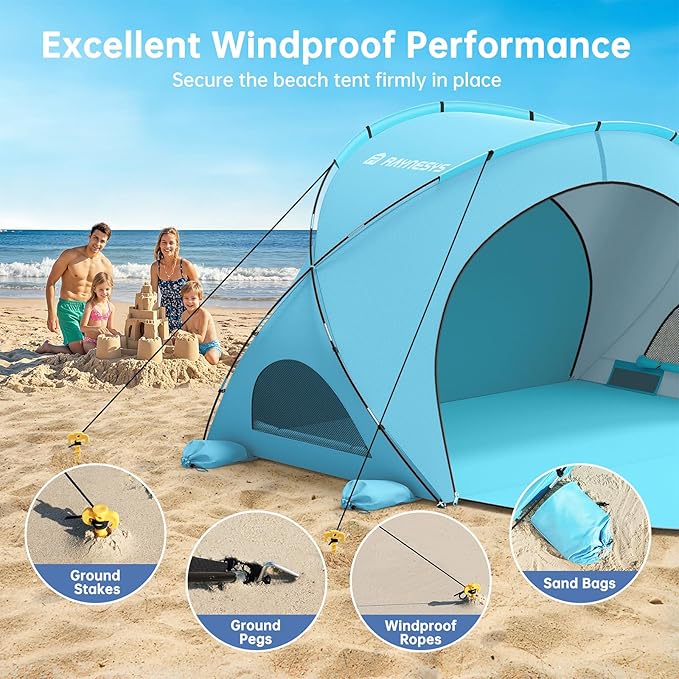 Beach Tent Sun Shelter, Beach Shade Tent with UPF50+ UV Protection, Sun Shelter for 1-4 Person, Beaches Shade with 2 Zippered Doors, Portable Tents for Camping Fishing, Light Blue