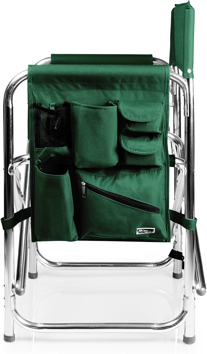 PICNIC TIME Sports Chair with Side Table and Armrest Caddy, Lightweight Aluminum Folding Outdoor Camping Chair for Adults, Portable Director Style Lawn Seating with Pockets & Strap, (Hunter Green)