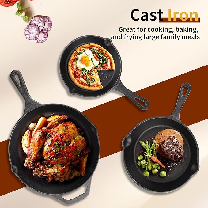 Cast Iron Skillet 3-Piece Set, 6", 8", 10" Frying Pans, Heavy-Duty Pre-Seasoned Pan Cookware Set, For Frying, Saute, Cooking, Pizza & More, Black