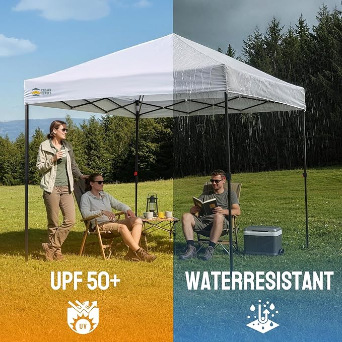 CROWN SHADES 8x8 Pop Up Canopy - Patented Center Lock One Push Instant Outdoor Canopy Beach Tent with STO-N-Go Bag 8 Stakes & 4 Sand Bags，White