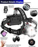 Rechargeable Headlamp, 100,000LM Bright HeadLamp, 40H Runtime Weatherproof LED Headlight, 90° Adjustable Zoom Headlights for Forehead, Hiking Camping Headlamps for Adults