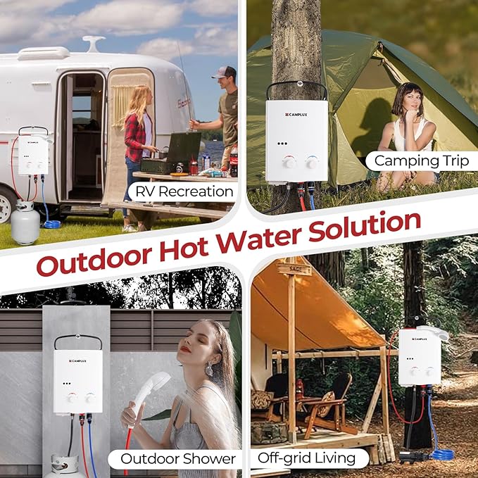 CAMPLUX Portable Propane Water Heater & Pump Kit, 1.32 GPM Tankless Gas Shower System with 12V Pump, Long Power Cables & Extension Hoses, Instant Hot Water for Off-Grid Camping, RV, AY132P43, White