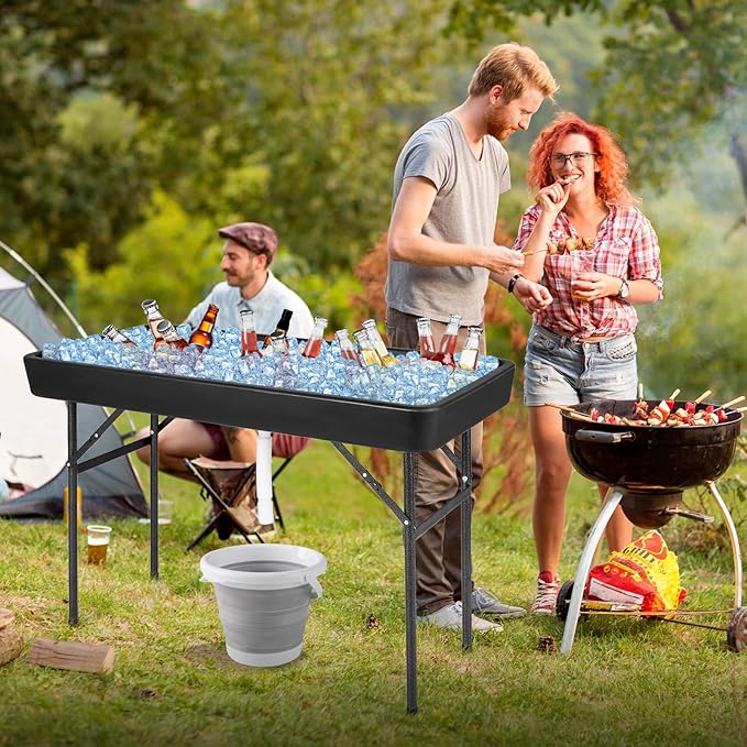 Giantex 4 FT Folding Ice Cooler Table with Drain & Bucket, Removable Skirt, No Assembly, Portable Fill and Chill Table for Food Drink Beverage, Foldable Party Ice Bin for Camping BBQ, Black