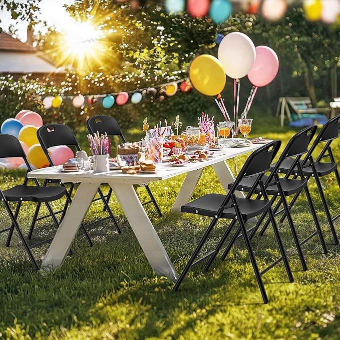 Bonnlo 2-Pack Black Plastic Folding Chairs, Portable Seat with Sturdy Steel Frame for Indoor & Outdoor Use, Perfect for Banquet, Party, Wedding, Office, and Camping