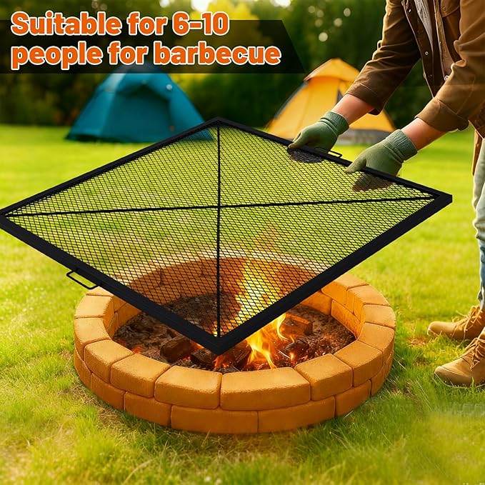 40 Inch Square Fire Pit Grill Grate with Handles, Heavy Duty Campfire Cooking Grate for Fire Pit, Steel BBQ Grill Grid for Outdoor, Camping