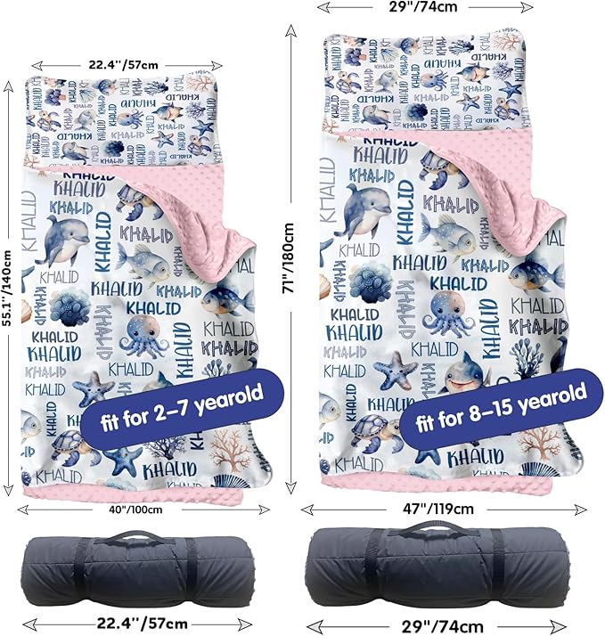 Personalized Toddler Nap Mat for Preschool, Custom Name Kids Sleeping Bag for Daycare, Kindergarten Roll Up Sleeping Mat with Removable Pillow and Soft Blanket, Fun Themes for Boys & Girls
