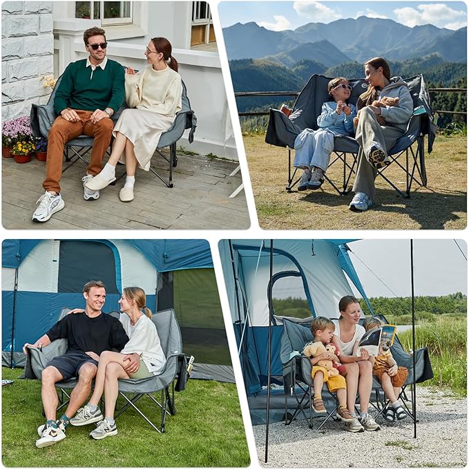 Portal Double Camping Chair, 2 Person Folding Loveseat for Adults, Padded Cushion Camp Lawn Love Seat with Side Pocket Portable Couch, Two Person Heavy Duty Wide Chairs with Cup Holder, 600 lbs