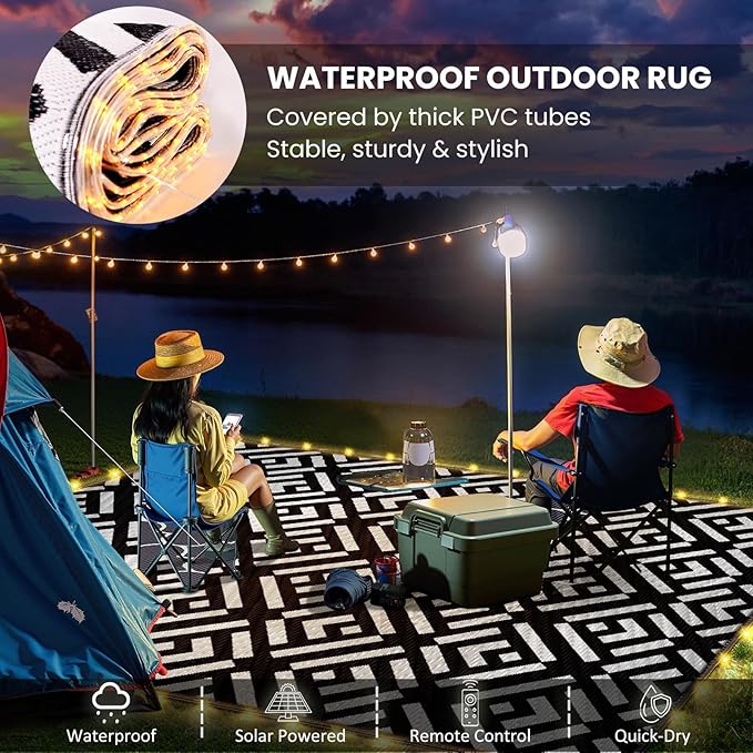 Outdoor Rug 6x9Ft, Solar Powered Outdoor Camping Rug with 94LEDs Strip Lights, Waterproof Plastic Reversible Outdoor Straw Rug, Rug Mat for RV Camping Patio Beach Balcony House Deck Picnic