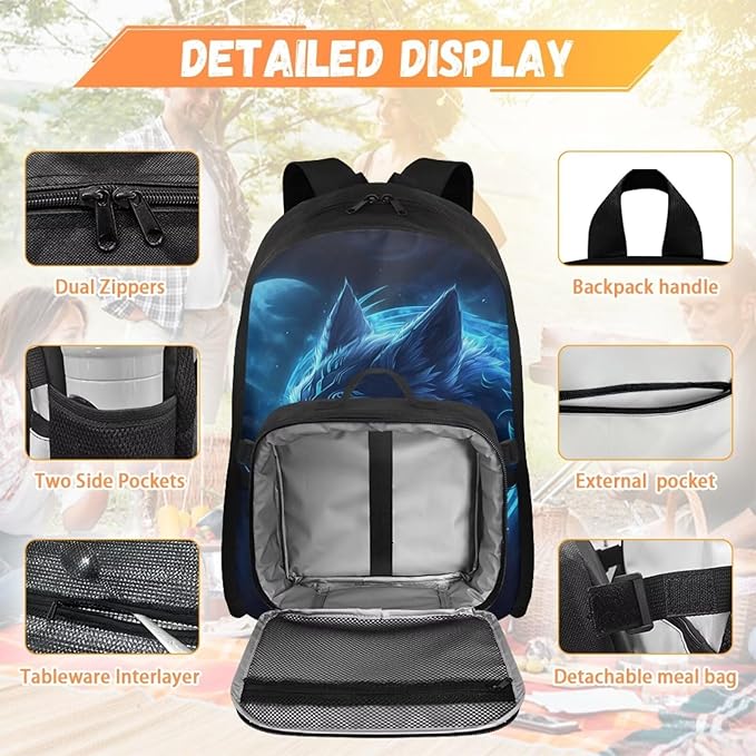 Moon and Wolf Backpack for Men Lightweight Bookbag with Lunch Box Set Wear-resistant School Bag for Outdoor Travel Casual Book Bag Rucksack