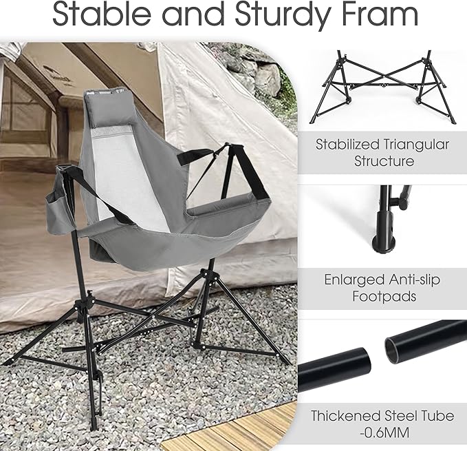 HOMEFUN Hammock Camping Chair - Portable Swinging Chairs for Adults with Stand and Storage Bag, Oversized Folding Rocking for Lawn Camp Fishing Hiking, Gray