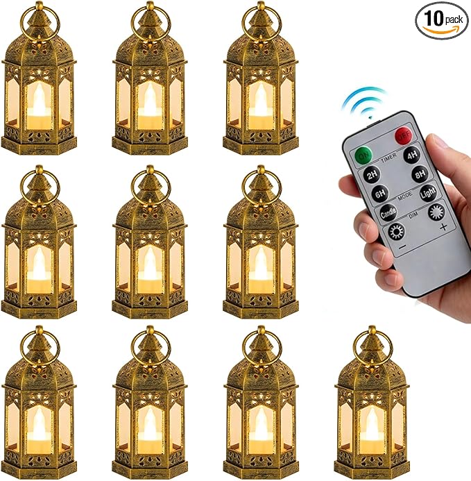 Mini Lanterns with Remote Control: 10 Pcs Gold Lantern with Timer Dimmer Table Centerpieces Decorations for Ramadan Wedding Party Camping Decor