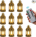 Mini Lanterns with Remote Control: 10 Pcs Gold Lantern with Timer Dimmer Table Centerpieces Decorations for Ramadan Wedding Party Camping Decor