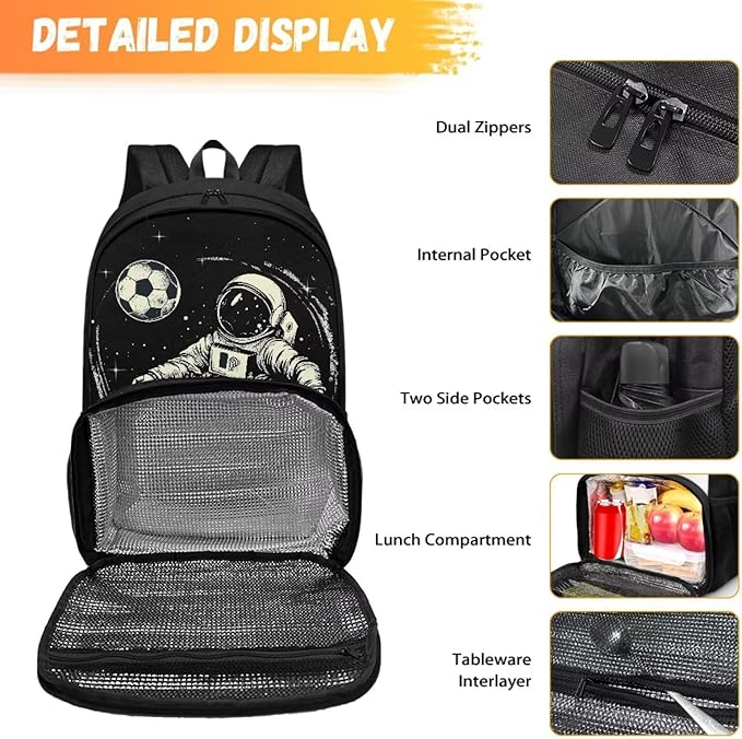 Boys Grils Kids Meal Prep Backpack All in One Backpack Insulated Lunch Bag Travel Casual Elementary Middle High School Student Backpack Hiking Daypack, Astronaut Soccer