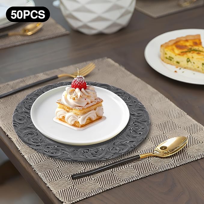 50 Pcs Black Charger Plates Bulk, 13" Round Dinner Charger Plates, Decorative Plastic Embossed Table Chargers for Wedding Holiday Party Baby Shower Event Decoration (Black)