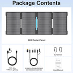 60W Portable Solar Panels Chargers with USB-C, USB-A and DC Outputs Foldable IP67 Waterproof Solar Panel for Camping,Power Emergency for Small Power Station,Phones, Power Banks