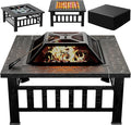 Greesum Multifunctional Patio Fire Pit Table, 32in Square Metal BBQ Firepit Stove Backyard Garden Fireplace with Spark Screen Lid and Rain Cover for Camping, Bonfire and Picnic, Silver