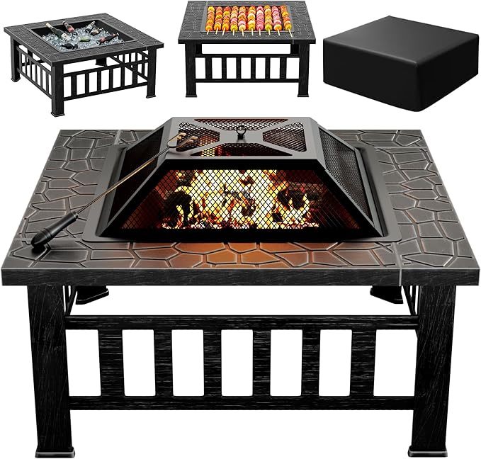 Greesum Multifunctional Patio Fire Pit Table, 32in Square Metal BBQ Firepit Stove Backyard Garden Fireplace with Spark Screen Lid and Rain Cover for Camping, Bonfire and Picnic, Silver