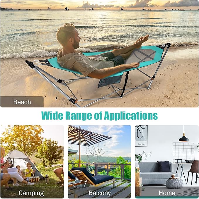 Portable Folding Hammock w/Side Pocket, Lounge Camping Bed w/Metal Stand & Anti-tip Buckles, Outdoor Camping Hammock with Carrying Bag for Patio Garden Yard, Easy Assembly (Turquoise)