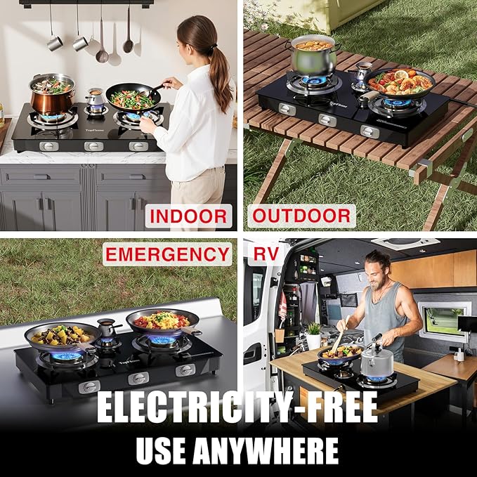 3 Burner Propane Stove 32,300 BTU High-Efficiency Tempered Glass Auto-Ignition Gas Burner Stove Top with CSA Hose for Outdoor RV Camping Emergency Cooking