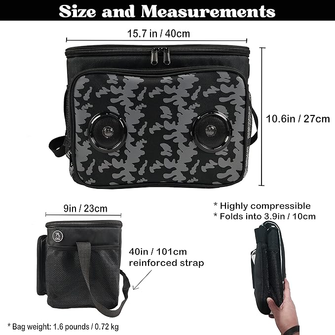 Insulated Cooler Bag Bluetooth Speakers 24 cans 2 gallons Food Drinks | Rechargeable Battery Supports iOS & Android | Leakproof Foldable Travel Camping Hiking