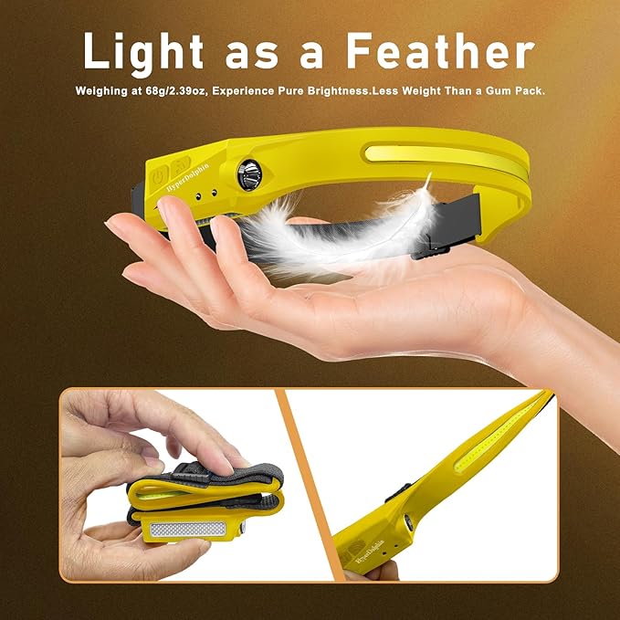Headlamp Rechargeable LED (2-Pack, Yellow) 230° Wide Beam, USB-C Lightweight Head Lamp, Long Runtime, Water-Resistant for Camping, Hiking, Running, Fishing, Repair Work
