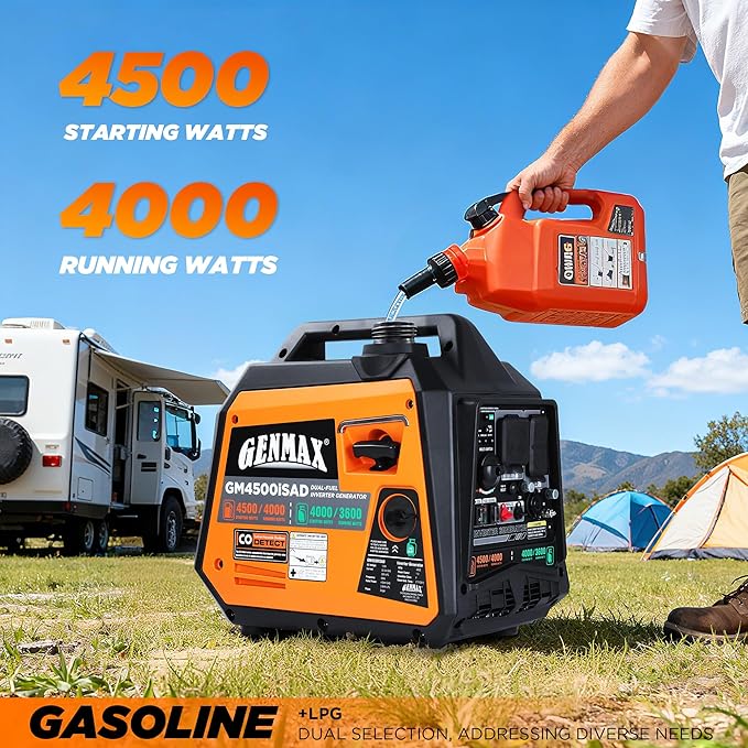 GENMAX 4500W Peak Dual-Fuel Silent Inverter Generator （2026 Model） - Ultra-Lightweight with CO Detector, EPA Compliant, Ideal for Home Backup & Outdoor Camping (GM4500iSAD)