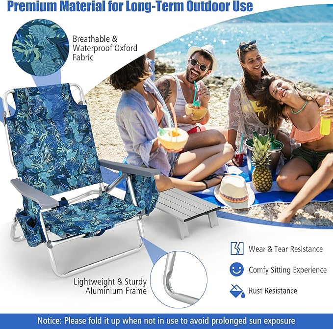 Tangkula 2 Pack with Table Beach Chairs, 5-Position Adjustable, Lightweight Folding, Navy