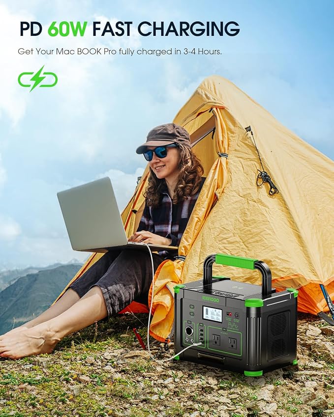 Solar Generator 1000W (Peak 2000W), 999Wh Portable Power Station with 110V Pure Sine Wave AC Outlets, 60W USB-C PD Fast Charging, for Home Backup, RV Camping, Travel & Emergency Off-Grid Living