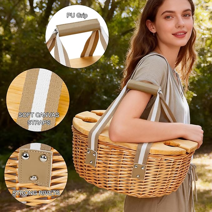 STBoo Picnic Basket for 4 - Wicker Picnic Set with Wine Table | Willow Basket Kit with Insulated Cooler Bag for Camping, Outdoor, Christmas, Party (Beige)